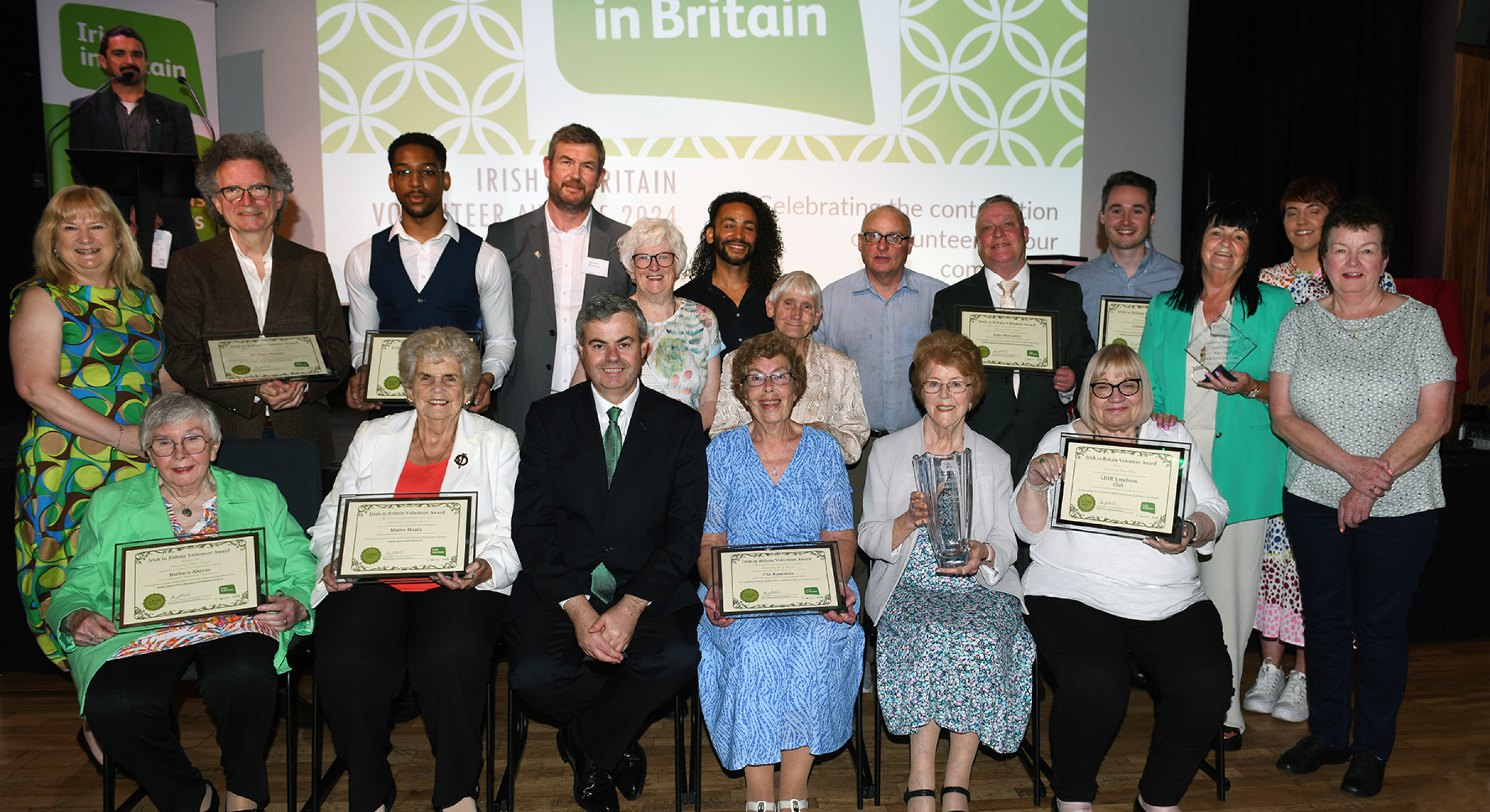 Winners joined by Ambassador Martin Fraser, Irish in Britain's CEO Brian Dalton and Louise Rance, from Award Ceremony sponsor Clover HR