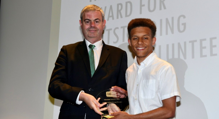 Ambassador Martin Fraser with Tobias Walsh, from Irish Community Care Manchester, winner of the Young Volunteer Award, 2023.